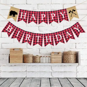 Buffalo plaid happy birthday banner with burlap flags, rustic lumberjack party decor.