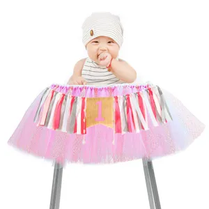 Baby first birthday high chair banner pink tutu skirt with number one flag party decor