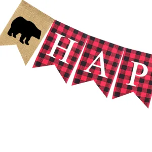 Detailed view of red black buffalo plaid and burlap banner flag with cute bear pattern.