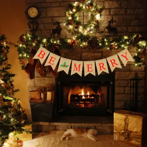 Christmas burlap banner hanging decor fireplace party bunting sign with red letters be merry