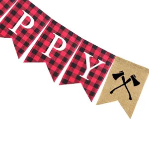 Close up view of the red and black buffalo plaid party banner with burlap and letters.