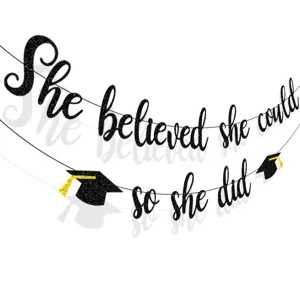 Black glitter graduation banner with inspirational quote for party celebration decor.