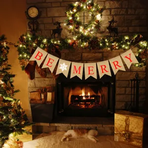 Christmas burlap banner garland hanging decor, rustic fabric sign for holiday party fireplace