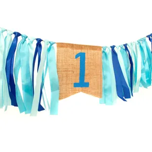1st birthday party banner high chair decoration blue ribbon burlap pennant party decor