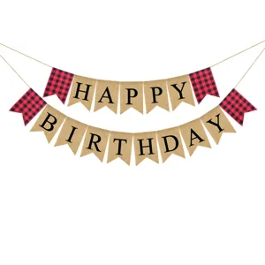 Burlap birthday banner with red black buffalo plaid swallowtail flags for party decor.