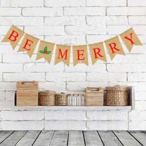 Christmas burlap banner hanging decor, rustic swallowtail flag with red BE MERRY letters.