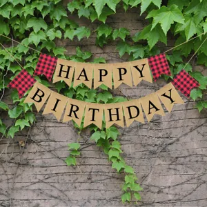 Burlap happy birthday banner with red plaid flags detail shot for party decorations.