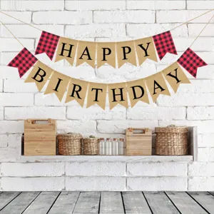 Birthday party burlap banner red plaid swallowtail hanging flag for celebration decor