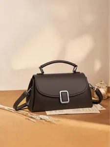 Vintage PU Leather Crossbody Bag For Women Chic Lychee Pattern Flap Shoulder Bag Urban Minimalist Square Handbag With Top Handle