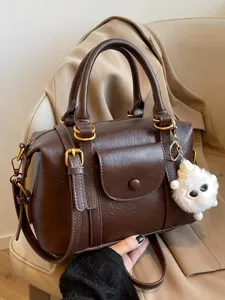 Women Fashion Large Capacity PU Leather Handbag Vintage Solid Color Crossbody Shoulder Bag With Plush Pendant Casual Commuter Tote