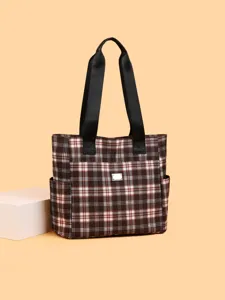 Japanese Vintage Plaid Canvas Tote Bag Women Casual Commuting Top Handle Handbag Large Capacity Zipper Pocket Casual Bag