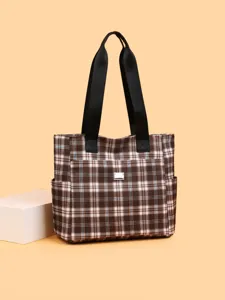 Vintage Brown Plaid Canvas Tote Bag Casual Work Handbag Large Capacity Daily Bag