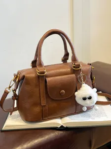 Brown PU leather handbag stylish vintage shoulder bag with cute fluffy doll keychain and pocket