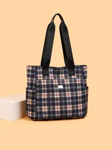 Retro navy plaid canvas tote bag for women, casual daily shoulder handbag with dual straps.