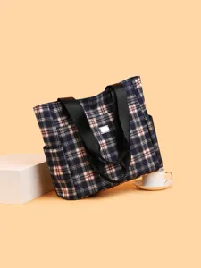 Vintage plaid canvas tote bag for women, casual handbag with top handles and side pockets.