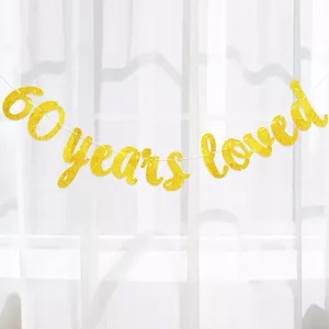 Gold glitter 60 years loved banner for birthday party and wedding anniversary decoration.
