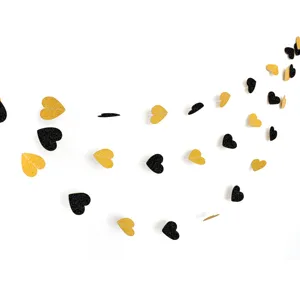 Black and gold glitter heart garland romantic wedding party hanging decoration backdrop banner