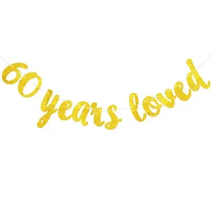 Gold glitter 60 years loved banner for birthday anniversary party decoration hanging sign.