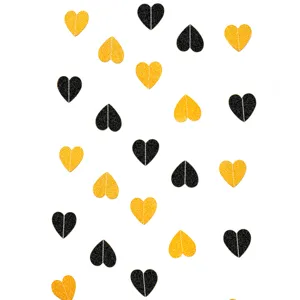 Black and gold glitter heart garland detail showing sparkling party hanging decor pieces.