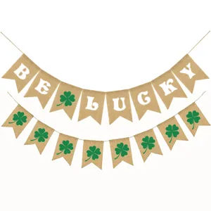 St. Patrick's Day burlap banner set, BE LUCKY clover swallowtail flags for party decor.
