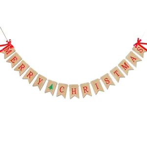 Burlap Christmas banner with red letters and tree, rustic holiday party hanging decoration.