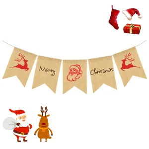 Christmas burlap banner detail view, featuring reindeer and Santa Claus festive graphics.