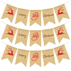 Christmas burlap banner detail showing Merry Christmas print and festive reindeer designs.