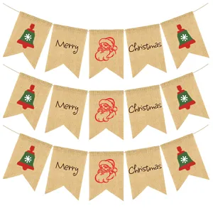Christmas burlap banner bunting rustic holiday party hanging decoration with Santa and bells