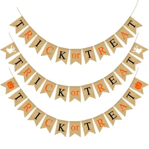 Halloween burlap banner set, rustic jute hanging pennant flags for indoor holiday party decor.