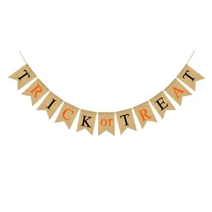 Halloween burlap banner party decoration with Trick or Treat letters for holiday events.