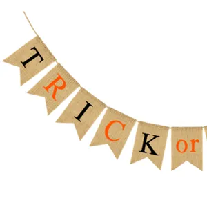 Detailed closeup view of Halloween burlap banner flags featuring festive party decoration letters.