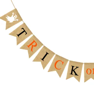 Halloween burlap banner detail showing ghost and letter flags for festive party decor.