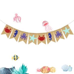 Ocean thema jute banner voor kinderkamer decoratie met schattige zeedieren prints, mooi.