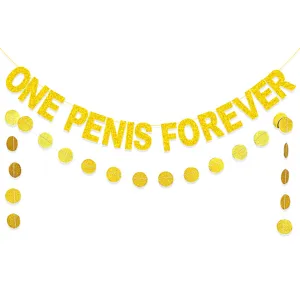Gold glitter bachelorette party banner decoration with funny adult novelty hanging dot garlands detail.