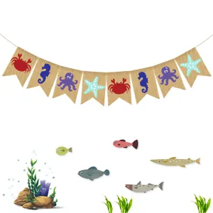 Oceanische wereld jute banner en zeedieren muurstickers voor decoratie van kinderkamer