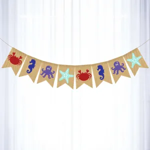 Jute banner met oceaan thema voor kinderkamer decoratie, schattige zeedieren slingers.