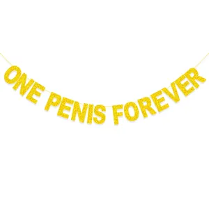 Gold glitter banner for bachelorette party with funny adult novelty phrase decoration.