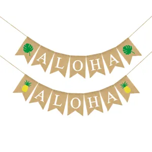 Ghirlanda di bandierine in juta per festa hawaiana, bandiera coda di rondine ALOHA con ananas.