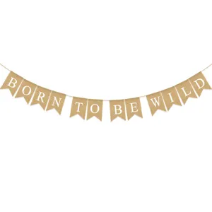 Rustique Lin Bannière en Queue de Hirondelle Born To Be Wild Imprimé Guirlande Lettre Décoratif Bannière Suspendu Ornement pour Baby Shower Anniversaire Fête Chambre Maison Layout Décor