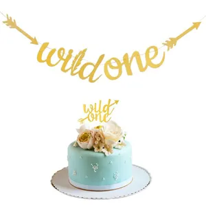 Glitter Gold Paper Wild One Theme Banner And Cake Topper Set For Baby First Birthday Party Venue Decoration Props Supplies