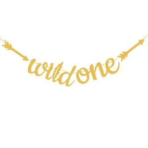 Gold glitter wild one banner for baby 1st birthday party decoration arrow bunting garland