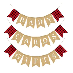 Banderines de yute cuadros rojo negro búfalo, guirnalda BABY CARDS GIFTS para decoración.