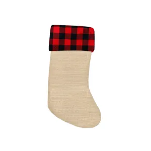 Christmas burlap stocking with red black plaid cuff holiday decoration gift bag detail view