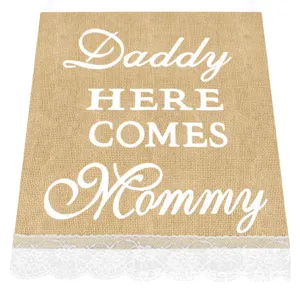 Wedding burlap lace hanging sign Daddy HERE COMES Mommy party decor door banner 1pc