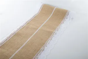 Runner da tavola in juta con bordo in pizzo bianco, stile vintage per feste e matrimoni.