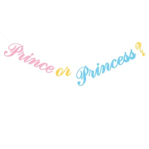 Gender reveal party banner featuring glitter letters spelling Prince or Princess in colorful style.