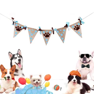 Pet party burlap pennant banner, dog cat birthday hanging decoration with cute paw print design.