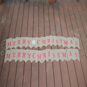 Christmas burlap banner set with red MERRY CHRISTMAS letters and snowflake for festive party decor.