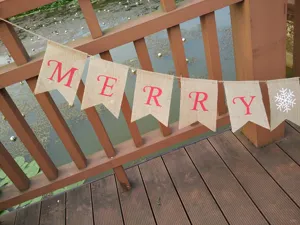 Burlap Christmas banner hanging bunting garland with MERRY letters and cute white snowflake