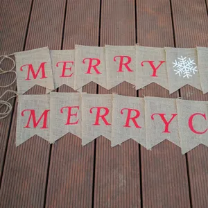 Christmas Linen Swallowtail Banner Merry Christmas Bunting Flags Rustic Holiday Garland For Party Home Wall Fireplace Decor